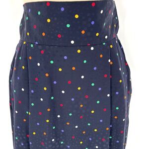 Anne Klein II 100% Silk Polka Dot High Waist Midi Skirt with Back Bow Black Sz 8